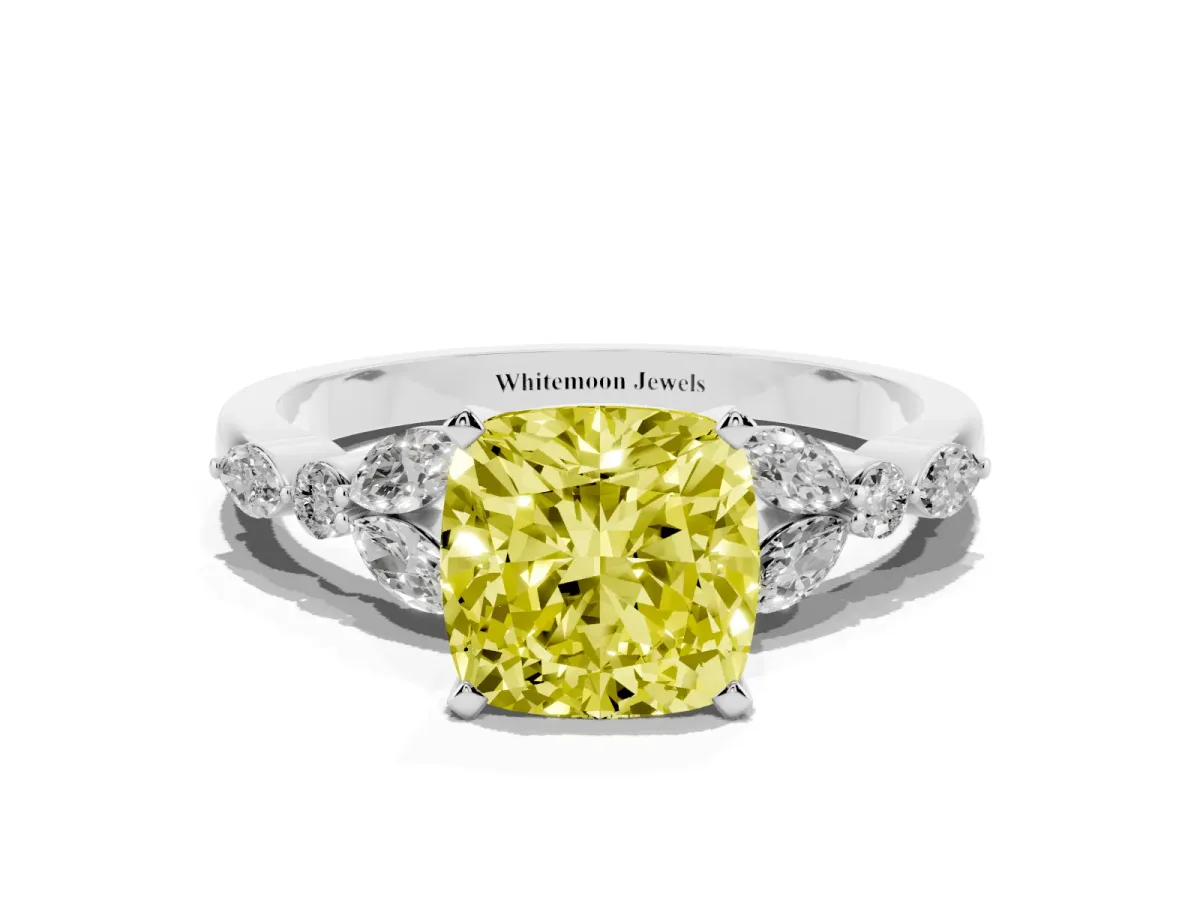 Fancy Yellow Cushion Cut Diamond Solitaire Ring with Side Stones and Four-Prong Setting Silver