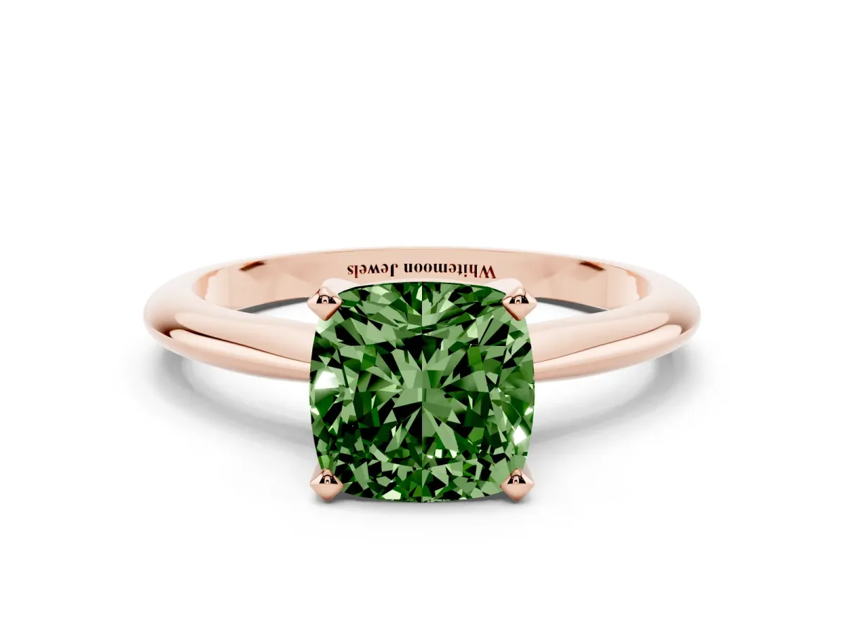 Fancy Green Cushion Cut Cut Solitaire Ring with Four-Prong Setting on a Classic Band Rose gold