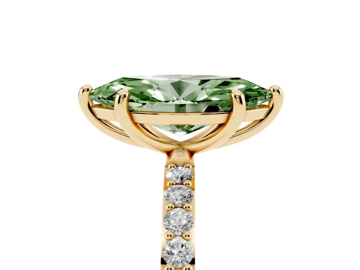 Fancy Green Marquise Cut Diamond Solitaire Ring with Round Pavé Band and Prong Setting Yellow gold