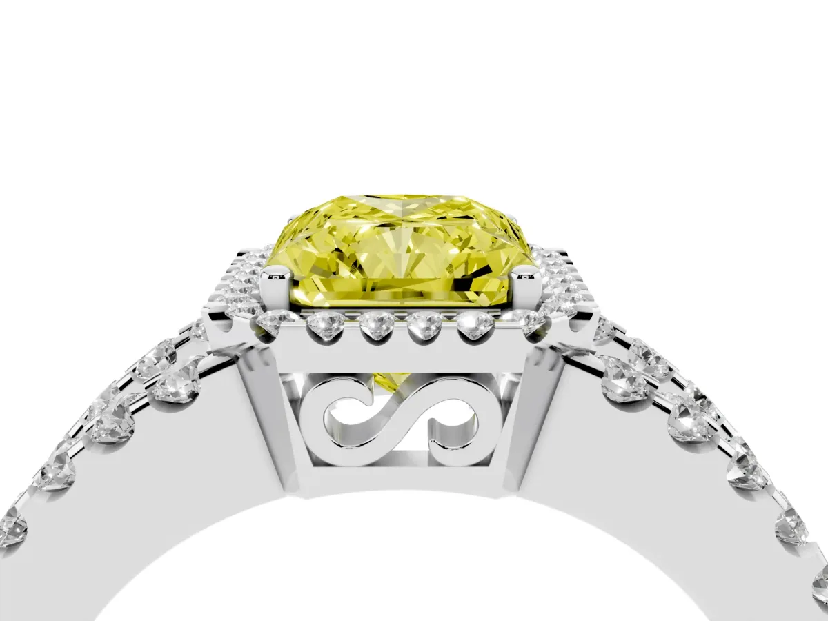 Fancy Yellow Radiant Cut Cut Halo Split Shank Diamond Ring with Four-Prong Setting Silver