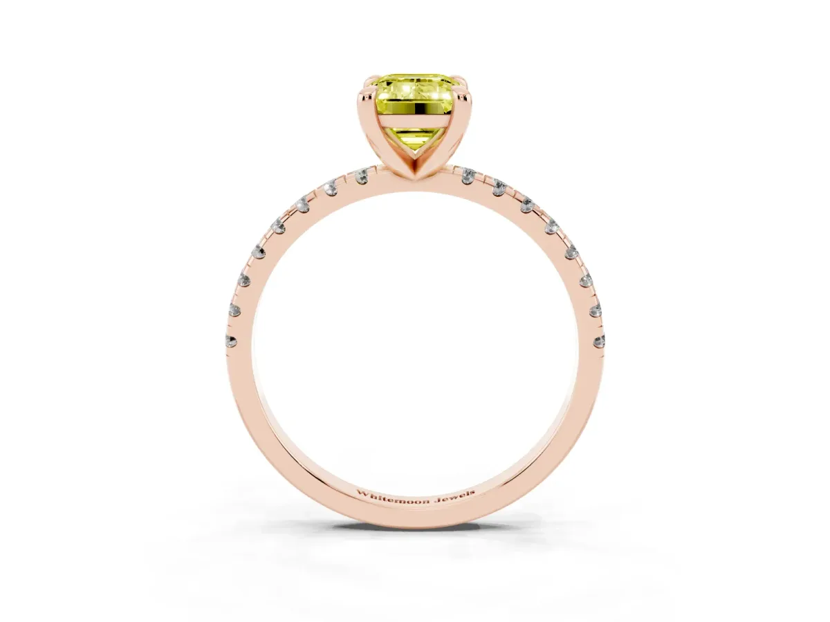Fancy Yellow Emerald Cut Diamond Brilliant Solitaire Ring with Pavé Band and Four-Prong Setting Rose gold