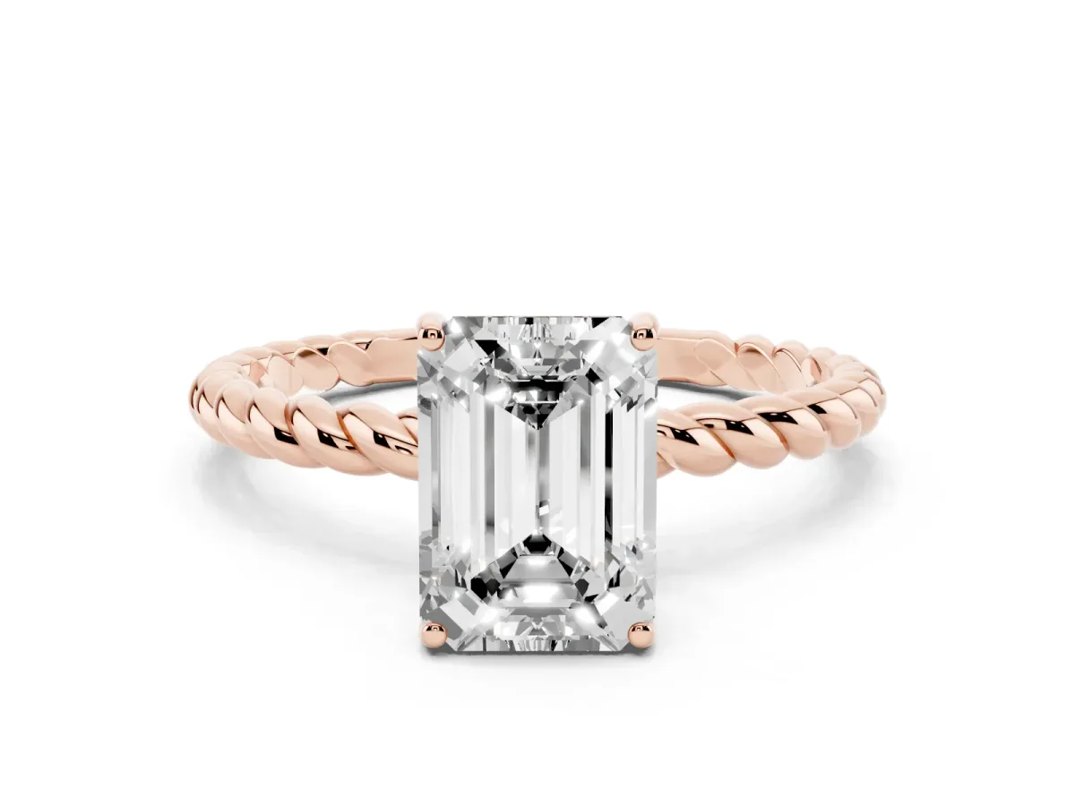 Emerald Cut Solitaire Twist Band Ring with Four-Prong Setting Rose gold