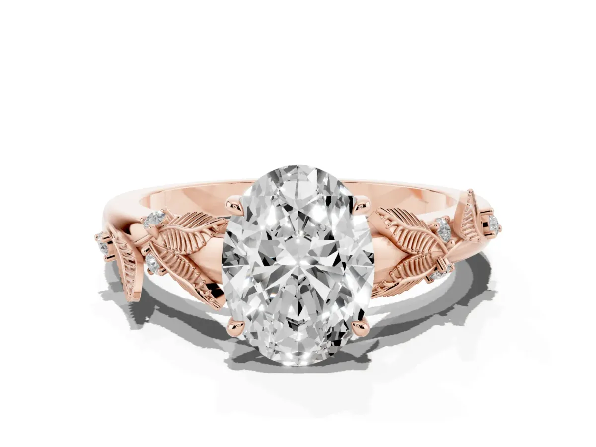 Oval Cut Diamond Solitaire Ring with Leaf Motif Band and Four-Prong Setting Rose gold