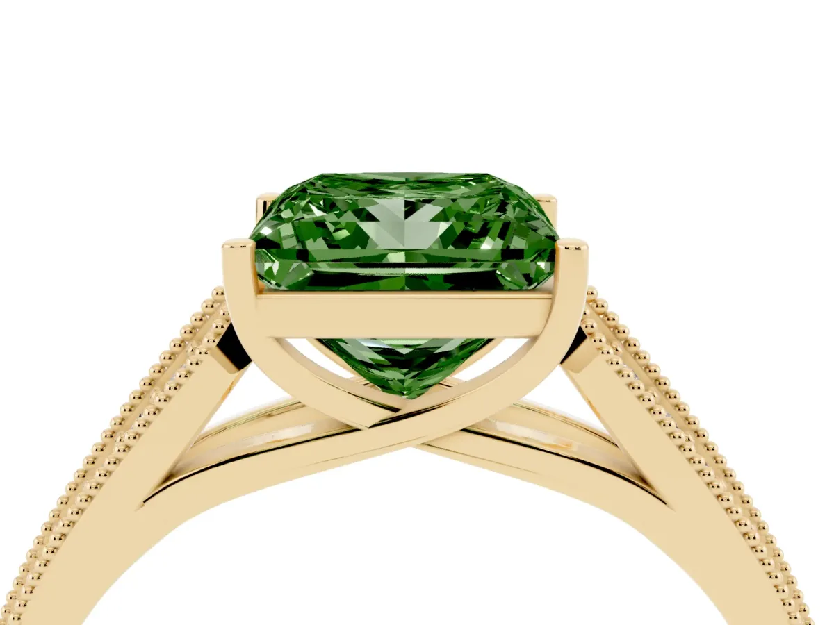 Fancy Green Princess Cut Cut Pave Split Shank Engagement Ring with Four-Prong Setting Yellow gold