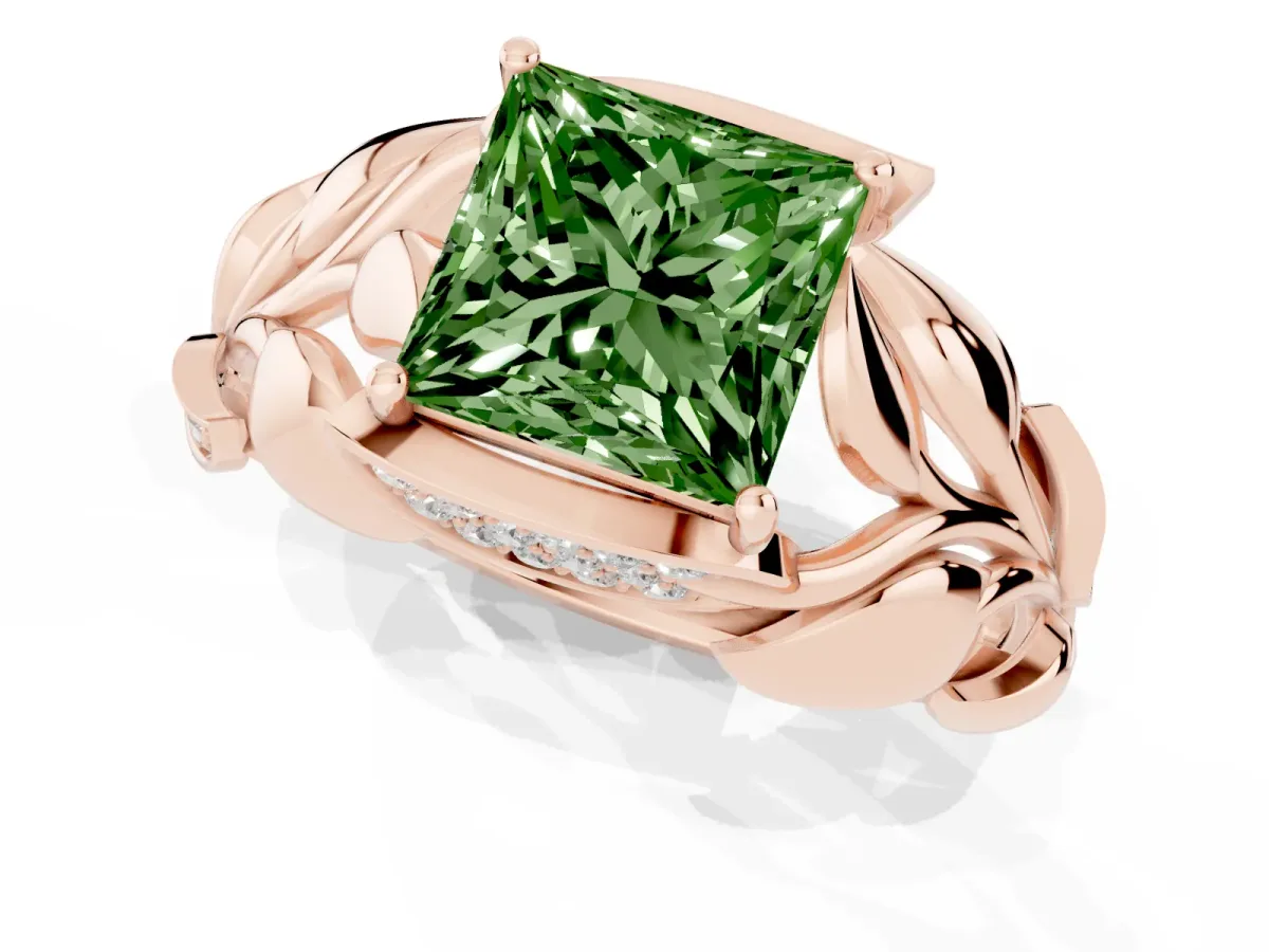 Fancy Green Princess Cut Diamond Leaf-Inspired Engagement Ring with Round Accents and Prong Setting Rose gold