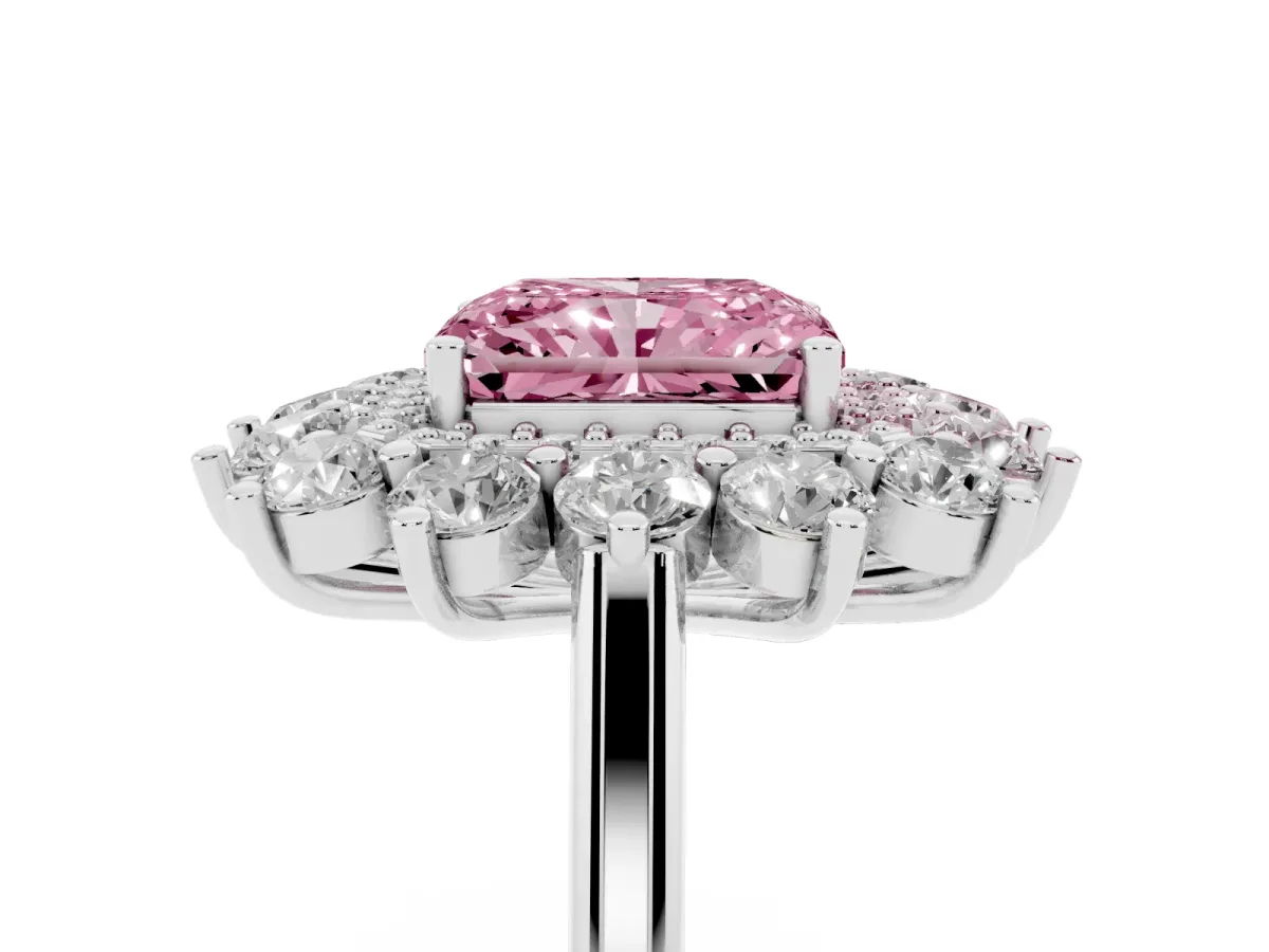 Fancy Pink Radiant Cut Diamond Floral Double Halo Engagement Ring with Prong Setting Silver