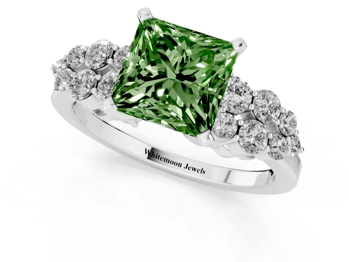 Fancy Green Princess Cut Cluster Diamond Engagement Ring with Pavé Band and Four-Prong Setting Platinum