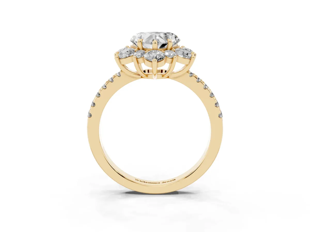 Heart Cut Diamond Floral Halo Ring with Round Pavé Band and Prong Setting Yellow gold