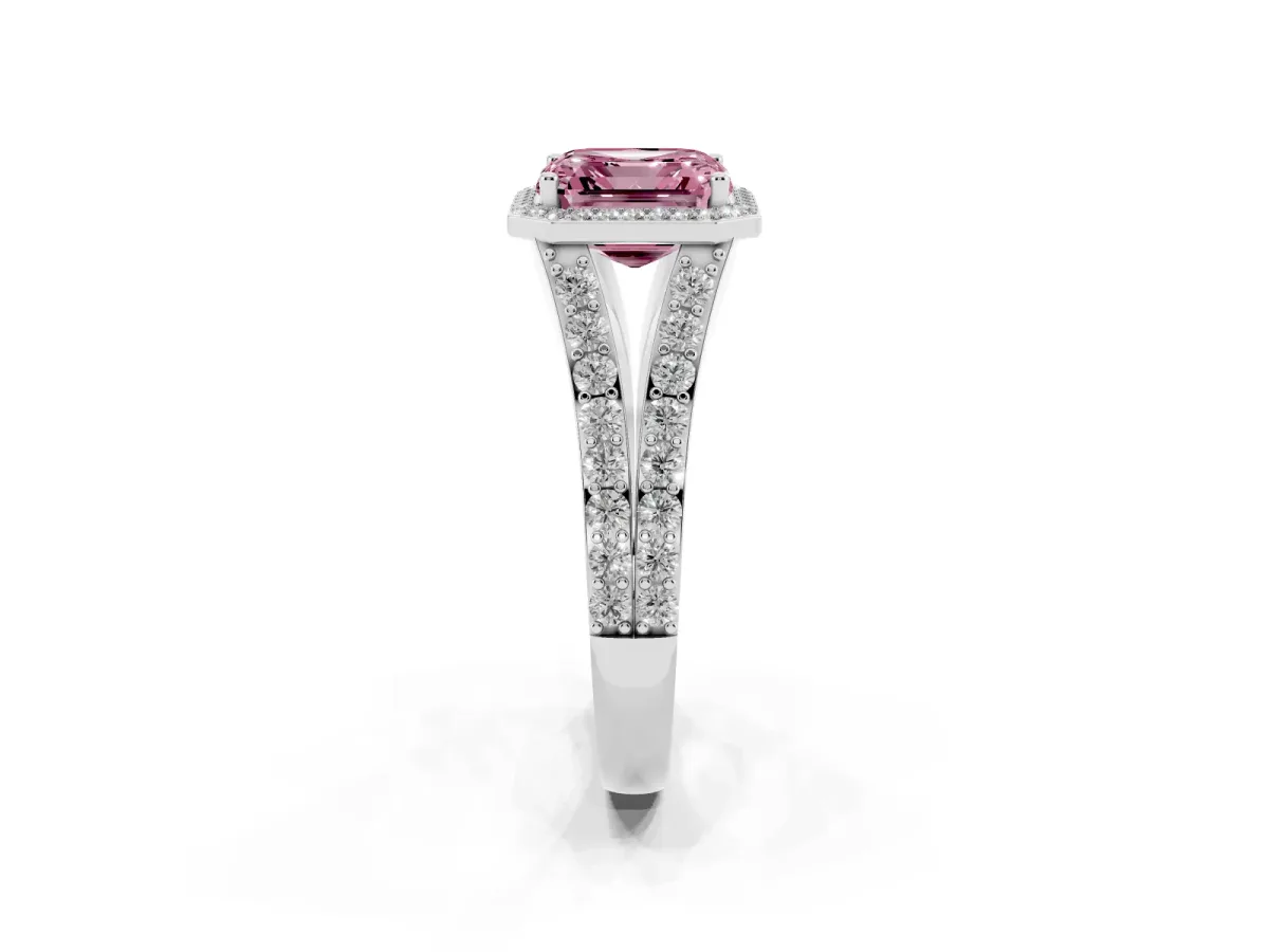Fancy Pink Asscher Cut Diamond Split Shank Halo Ring with Four-Prong Setting Silver