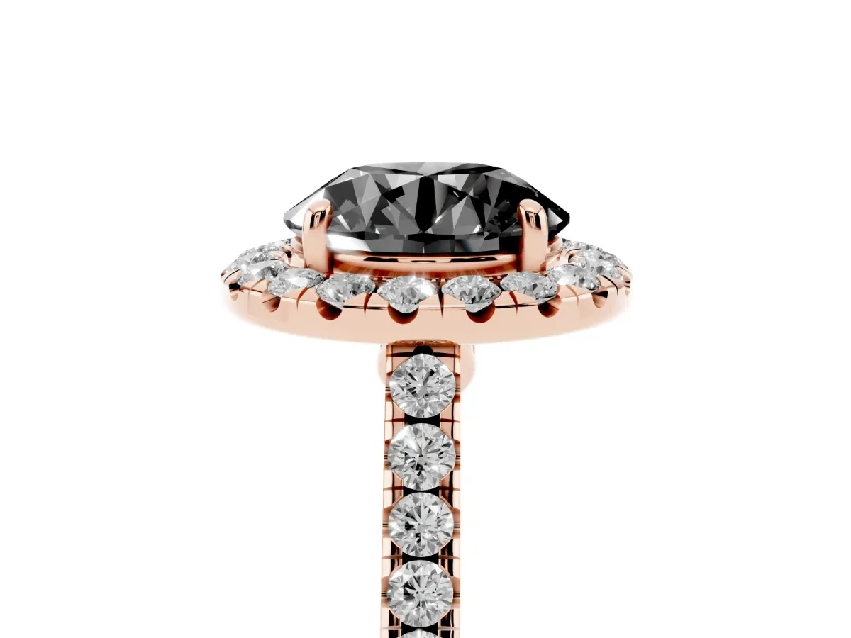 Fancy Black Round Cut Halo Pave Diamond Engagement Ring with Four-Prong Setting Rose gold
