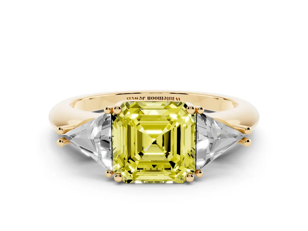 Fancy Yellow Three-Stone Asscher Cut Diamond Engagement Ring with Trillion Side Stones and Prong Setting Yellow gold