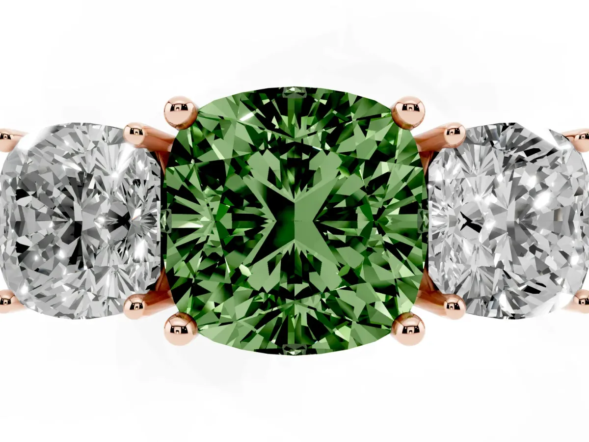 Fancy Green Three-Stone Cushion Cut Cut Diamond Engagement Ring with Prong Setting on a White Gold Band Rose gold
