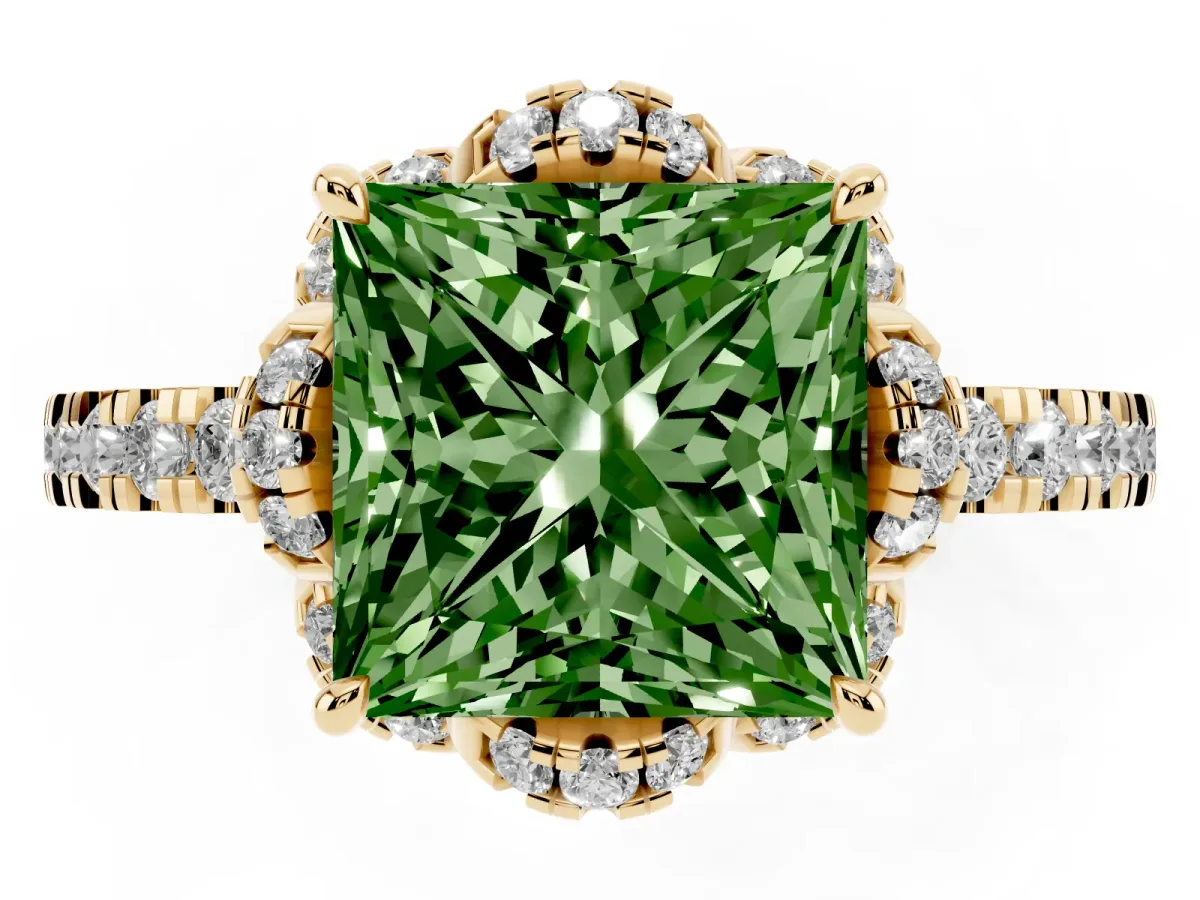 Fancy Green Princess Cut Halo Diamond Pave Band Ring with Four-Prong Setting Yellow gold