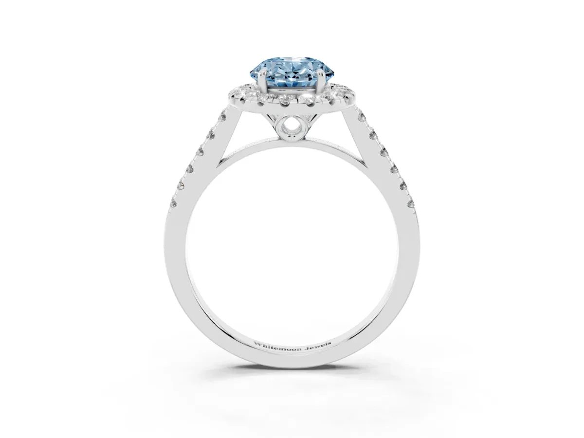 Fancy Blue Oval Cut Halo Pavé Diamond Engagement Ring with Four-Prong Setting White gold