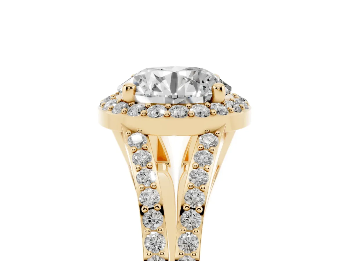Round Cut Halo Split Shank Pave Diamond Ring with Four-Prong Setting Yellow gold