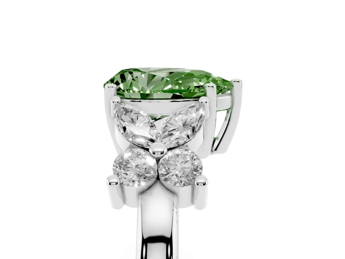 Fancy Green Pear Cut Diamond Floral Cluster Ring with Solitaire Band and Prong Setting Silver