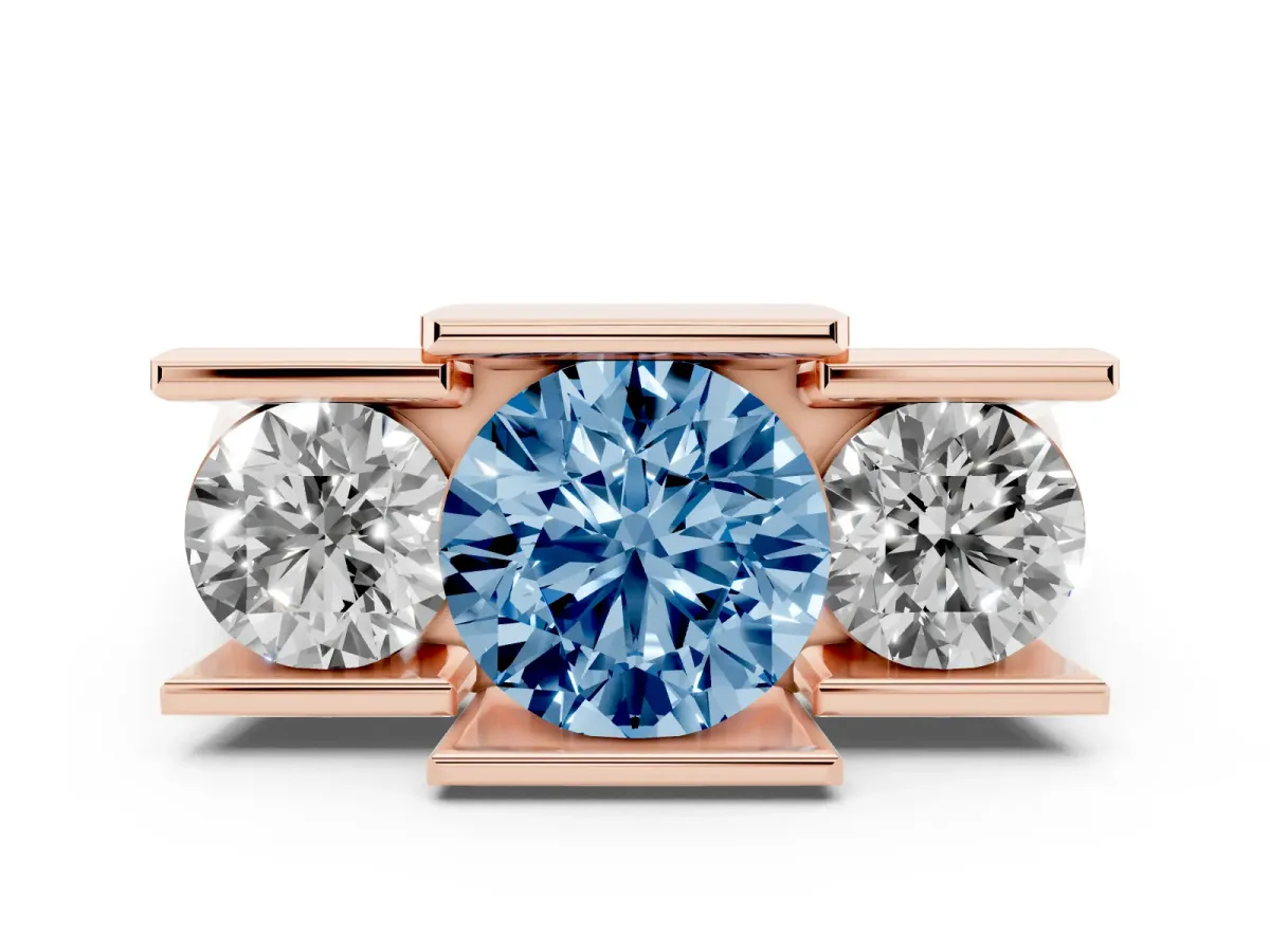 Fancy Blue Three Stone Round Cut Cut Channel Set Diamond Ring Rose gold