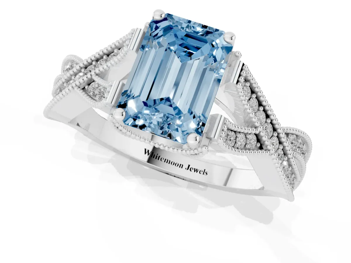 Fancy Blue Emerald Cut Cut Diamond Twisted Band with Milgrain Pave Setting and Four-Prong Setting Silver