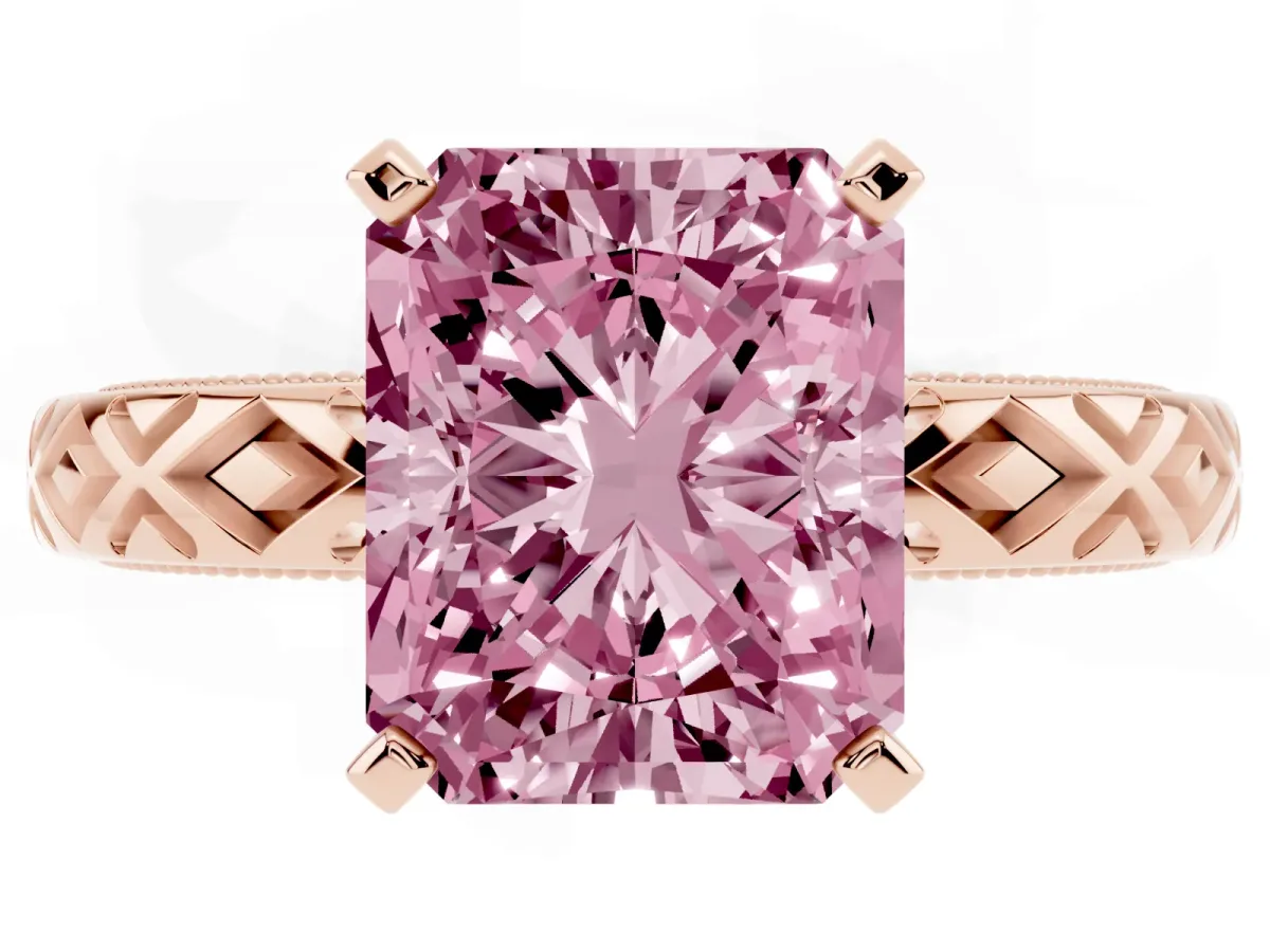 Fancy Pink Radiant Cut Solitaire Diamond Ring with Milgrain and Black Enamel X Pattern Band Rose gold