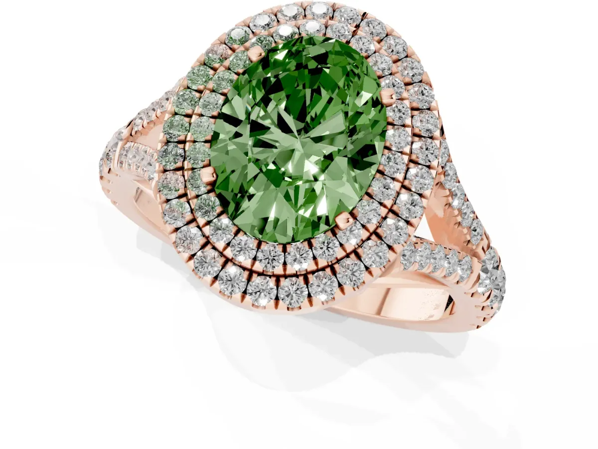 Fancy Green Double Halo Oval Cut Diamond Split Shank Engagement Ring with Four-Prong Setting Rose gold