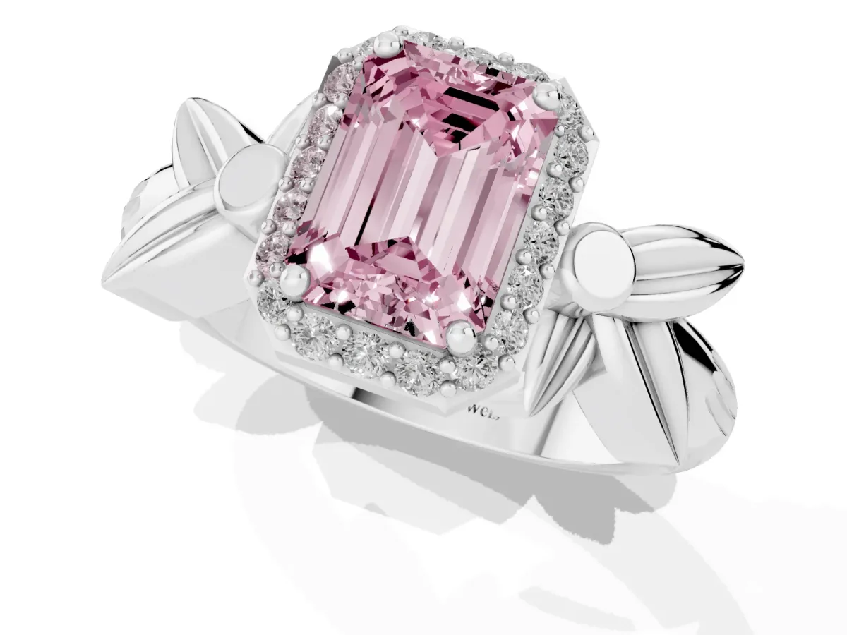 Fancy Pink Emerald Cut Halo Diamond Floral Band with Four-Prong Setting Platinum