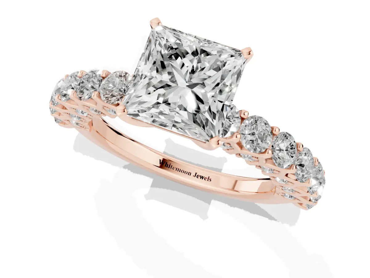 Princess Cut Diamond Solitaire Ring with Shared Prong Pavé Band and Four-Prong Setting Rose gold