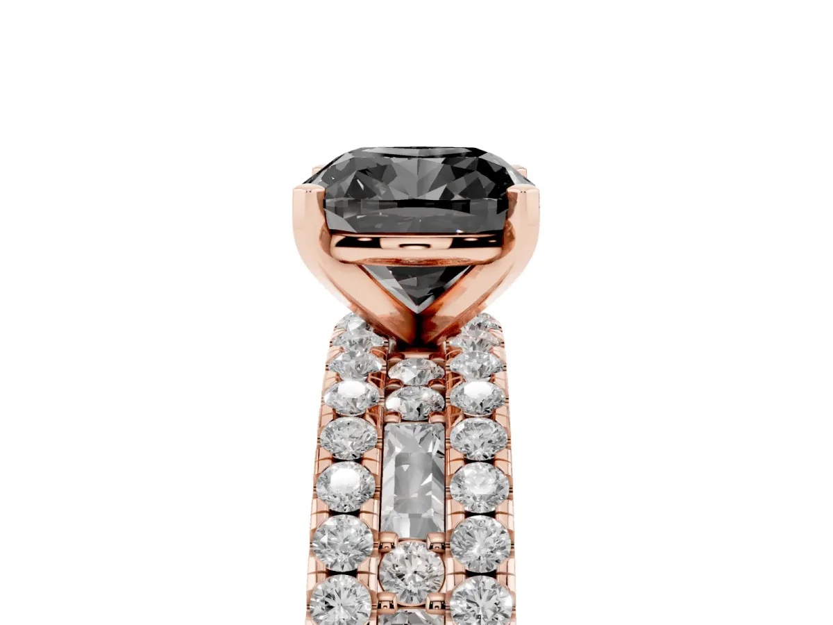 Fancy Black Cushion Cut Diamond Solitaire Ring with Pavé and Channel Set Band Rose gold