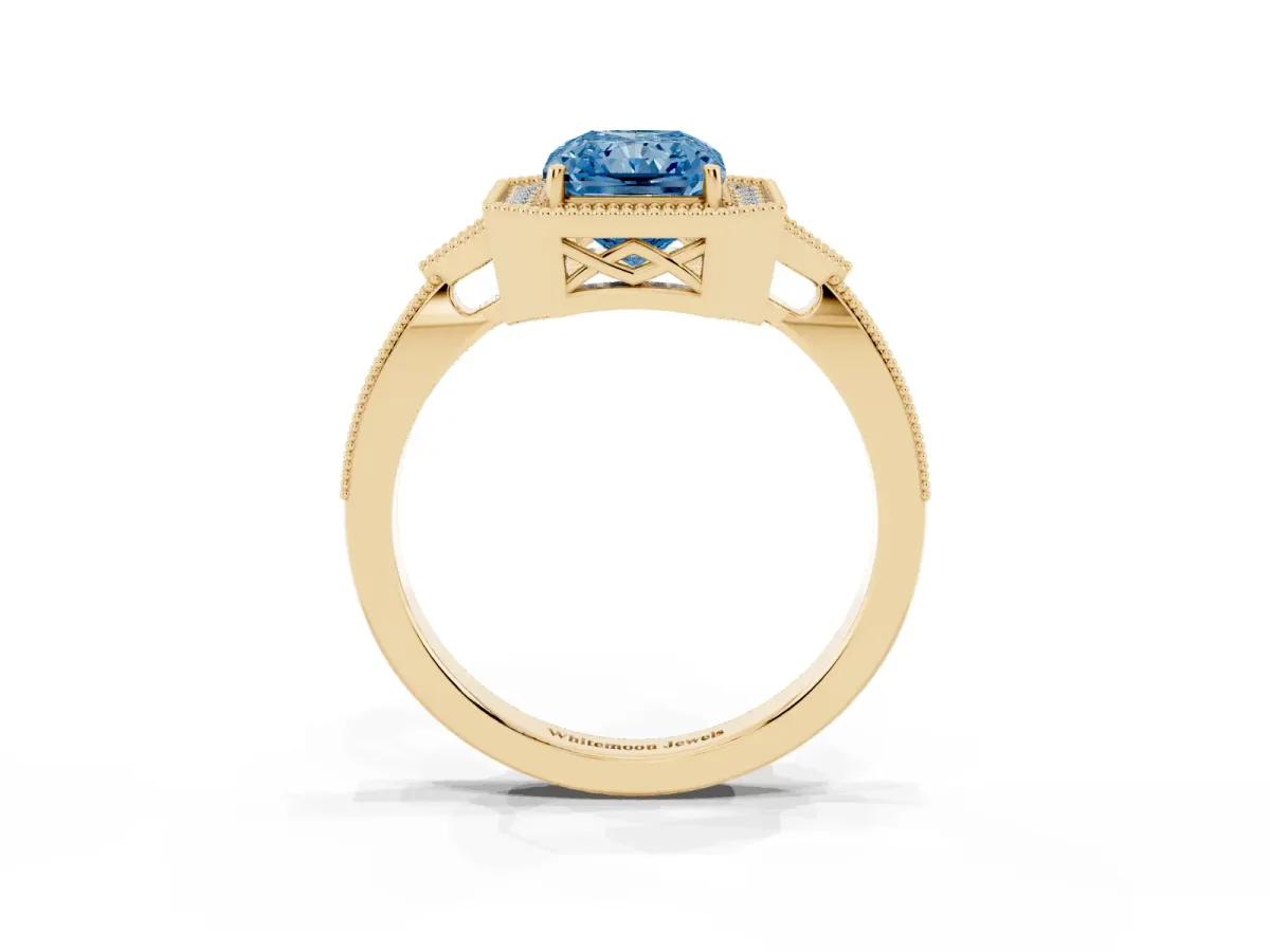 Fancy Blue Radiant Cut Halo Round Diamond Milgrain Pave Engagement Ring Yellow gold