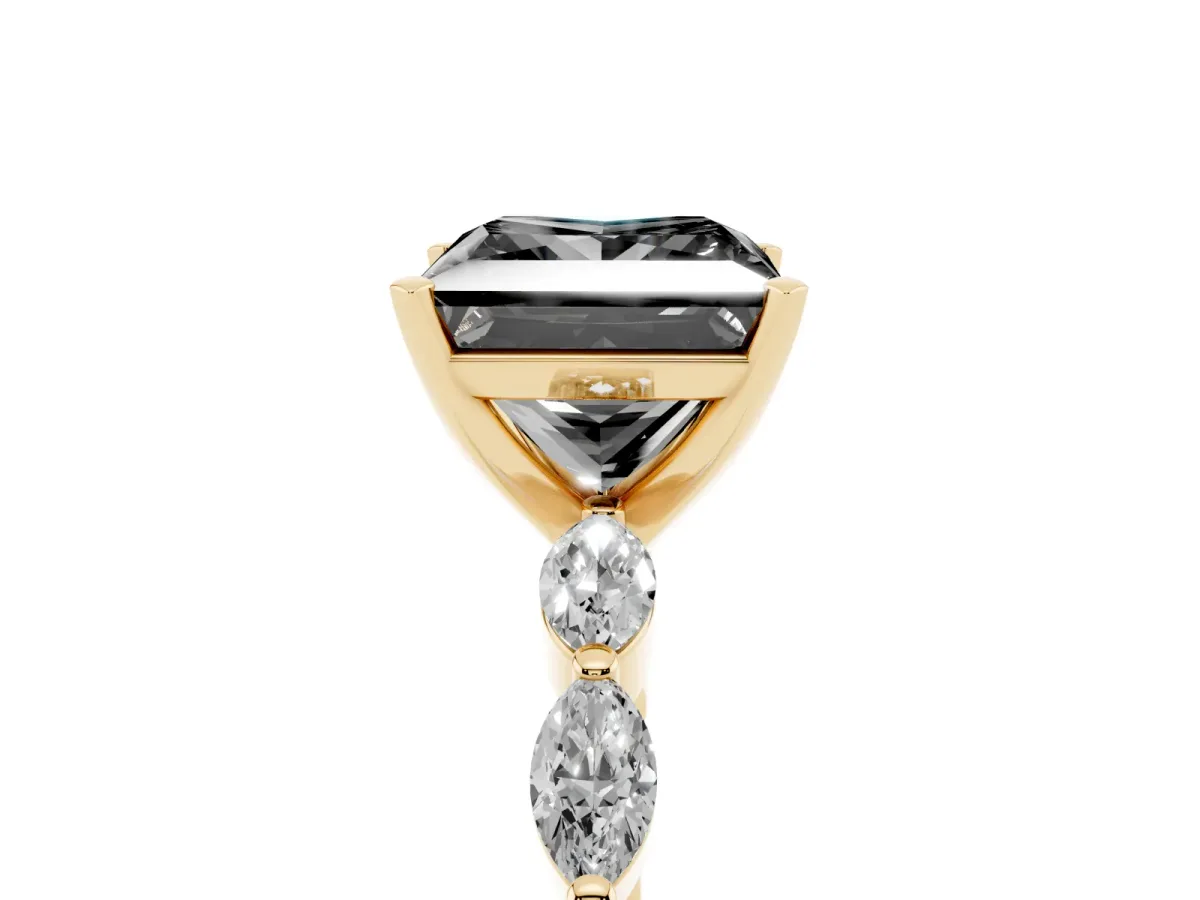 Fancy Black Princess Cut Diamond Ring with Marquise Side Stones and Prong Setting Yellow gold