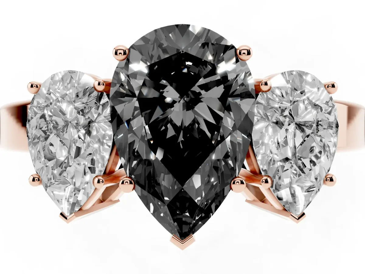 Fancy Black Three-Stone Pear Cut Cut Diamond Engagement Ring with Flat Band and Four-Prong Setting Rose gold