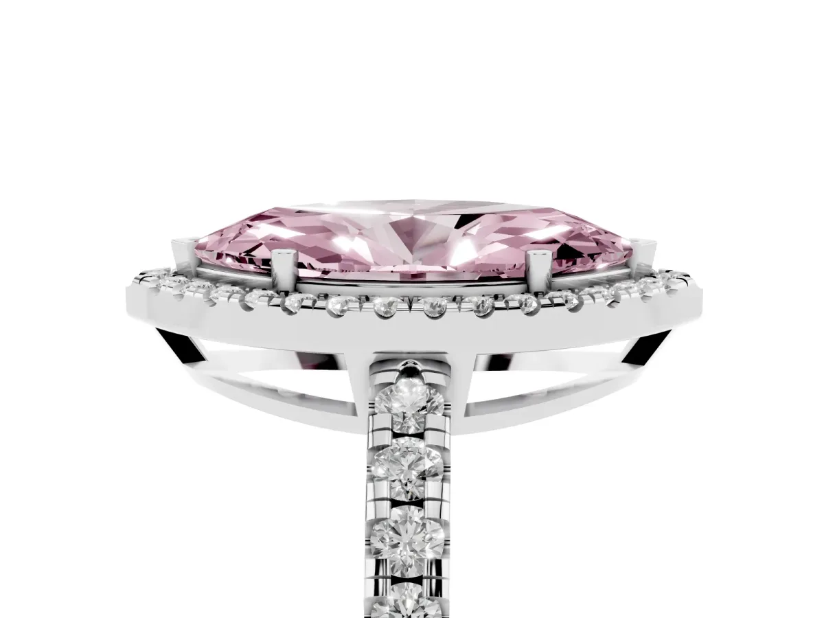 Fancy Pink Marquise Cut Diamond Halo Ring with Pavé Band and Four-Prong Setting White gold