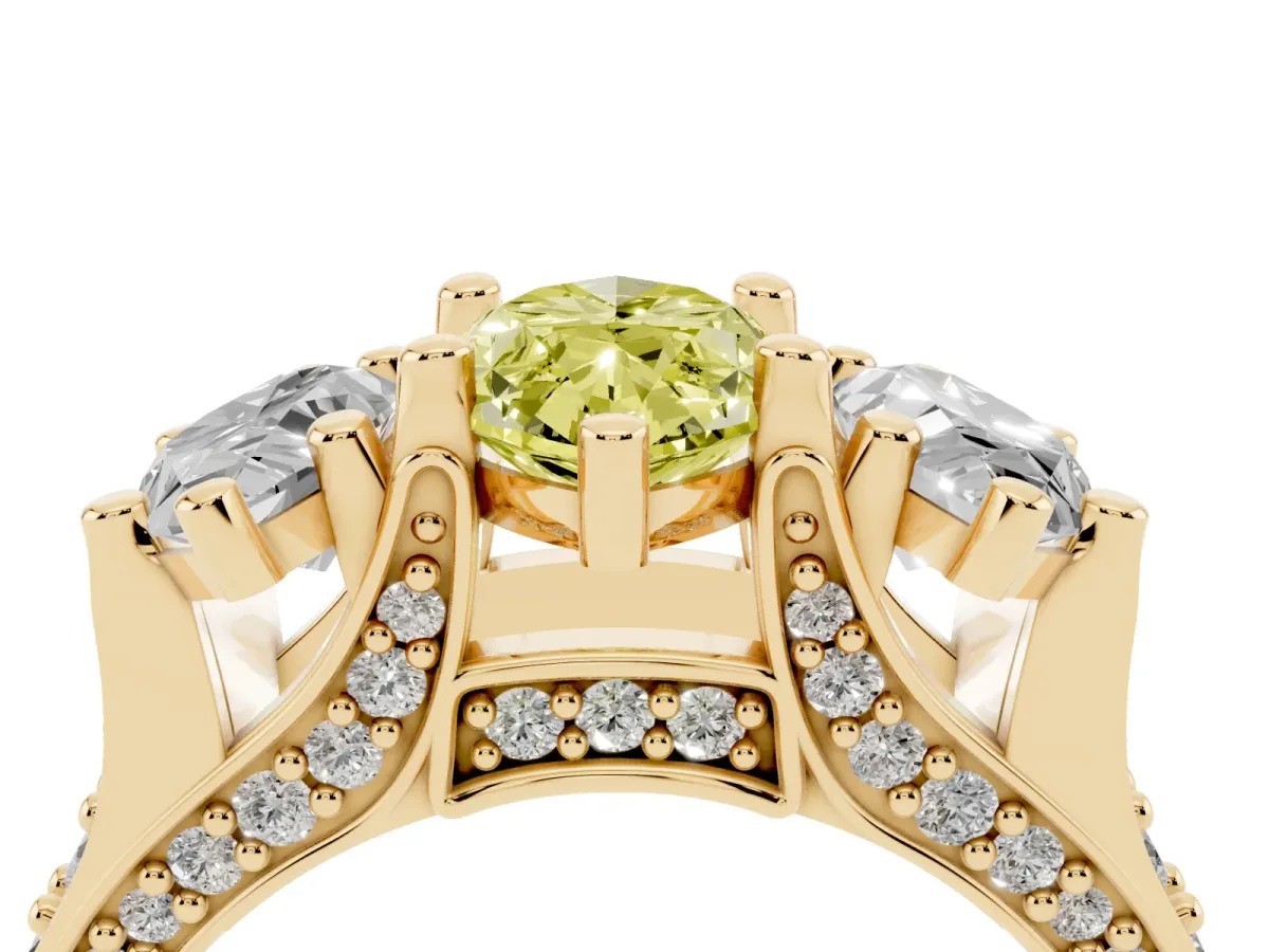 Fancy Yellow Marquise Cut Diamond Three-Stone Ring with Channel Set Band and Four-Prong Setting Yellow gold