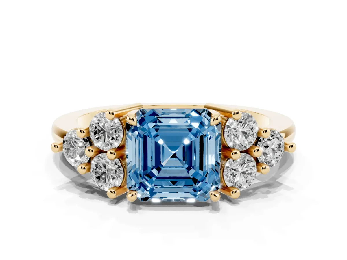 Fancy Blue Asscher Cut Brilliant Diamond Cluster Accent Solitaire Ring with Prong Setting Yellow gold