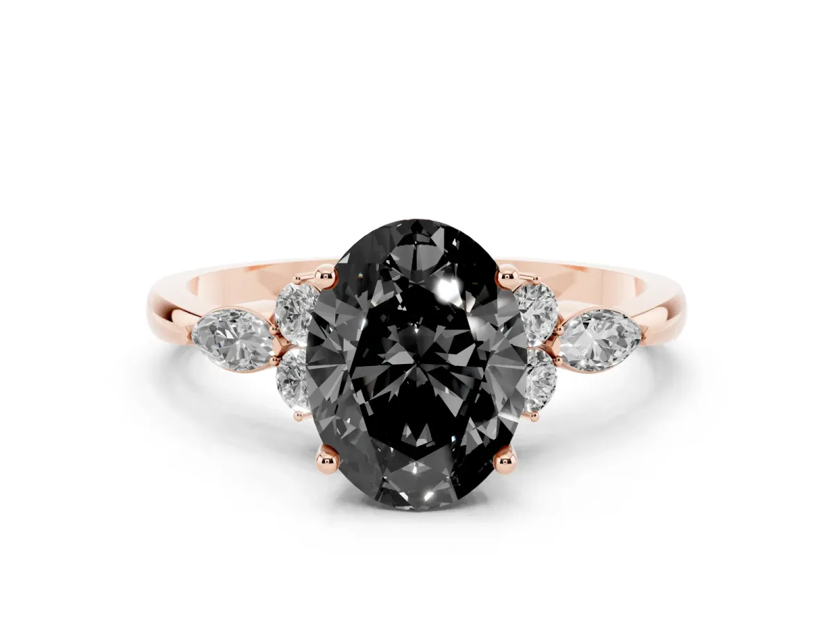 Fancy Black Oval Cut Brilliant Diamond Solitaire Ring with Pear Side Stones and Four-Prong Setting Rose gold