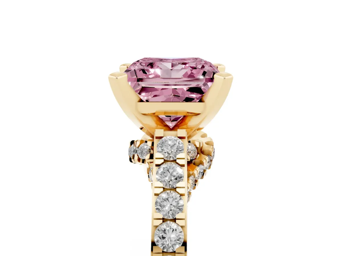 Fancy Pink Princess Cut Diamond Solitaire Ring with Crossover Gallery and Round Pavé Band Yellow gold