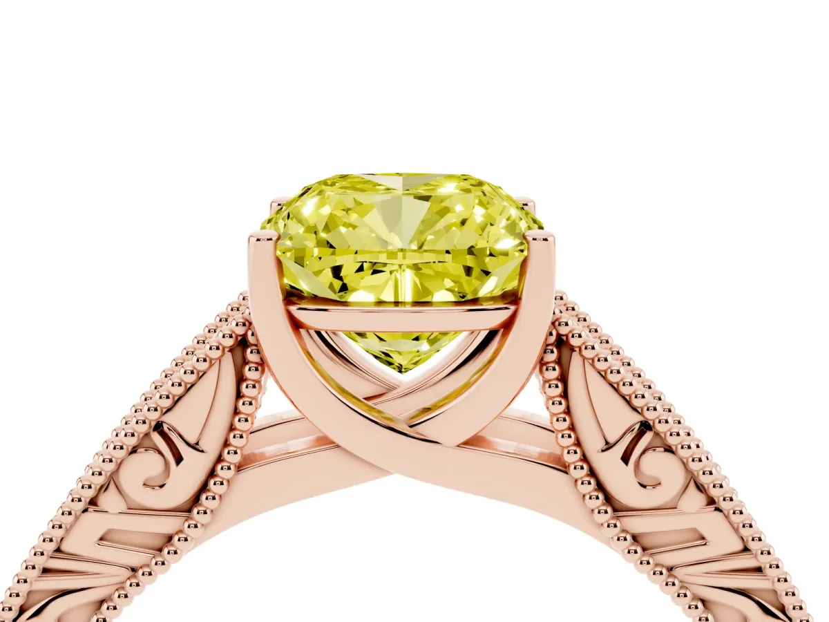 Fancy Yellow Cushion Cut Diamond Solitaire Ring with Engraved Band and Four-Prong Setting Rose gold
