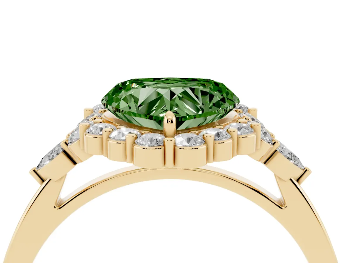 Fancy Green Heart Cut Diamond Halo Ring with Pear Side Stones and Prong Setting Yellow gold