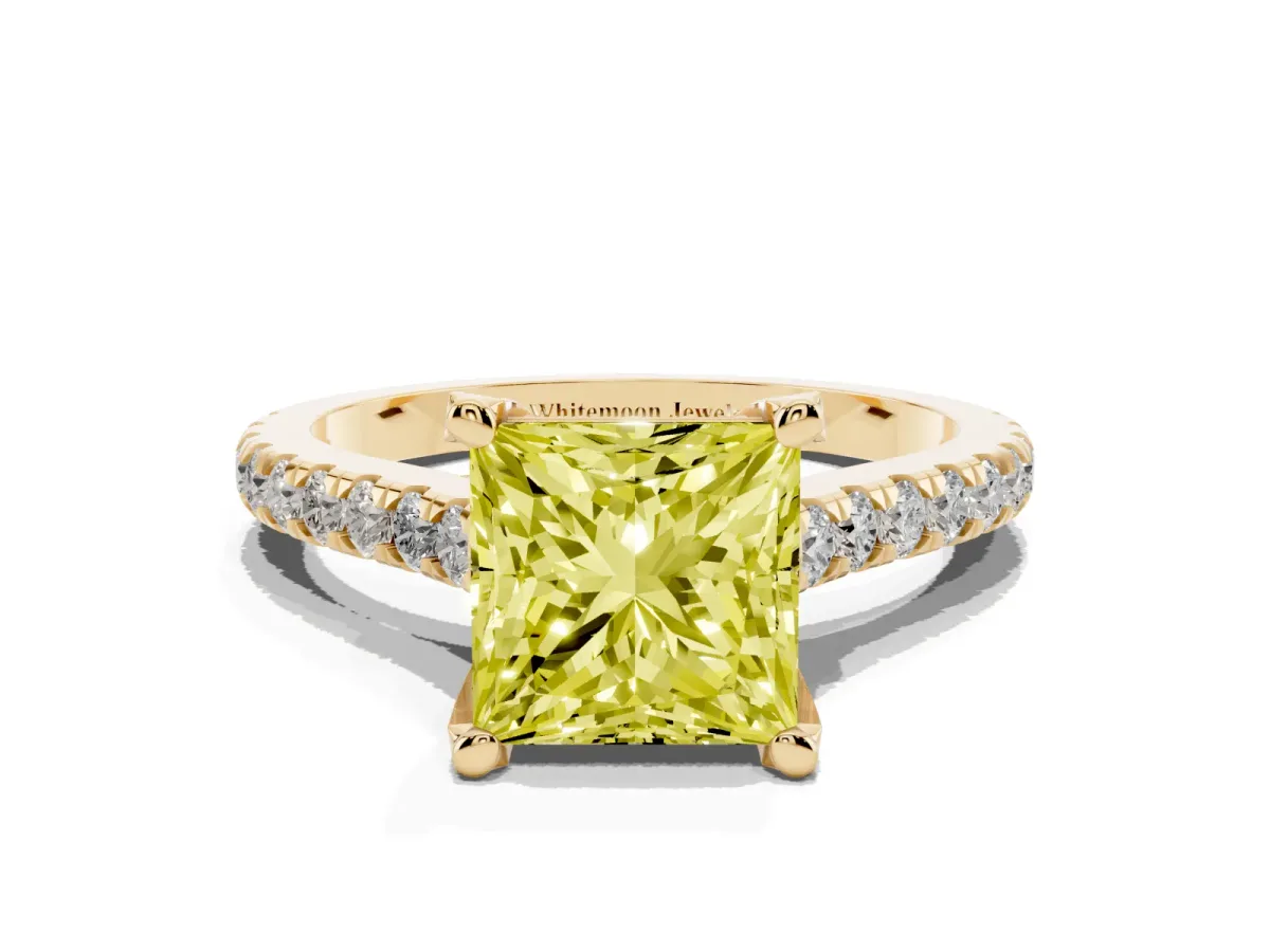 Fancy Yellow Princess Cut Brilliant Diamond Solitaire with Pavé Band and Four-Prong Setting Yellow gold