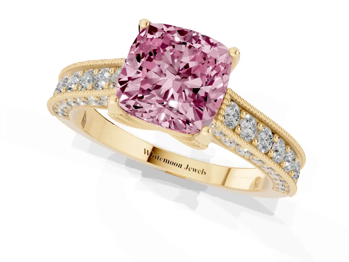 Fancy Pink Cushion Cut Cut Diamond Solitaire Ring with Milgrain Pave Band and Four Prong Setting Yellow gold