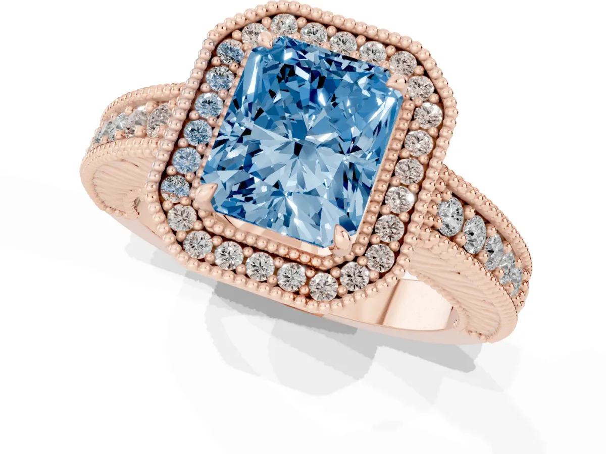 Fancy Blue Radiant Cut Cut Halo Diamond Ring with Pavé Band and Four-Prong Setting Rose gold
