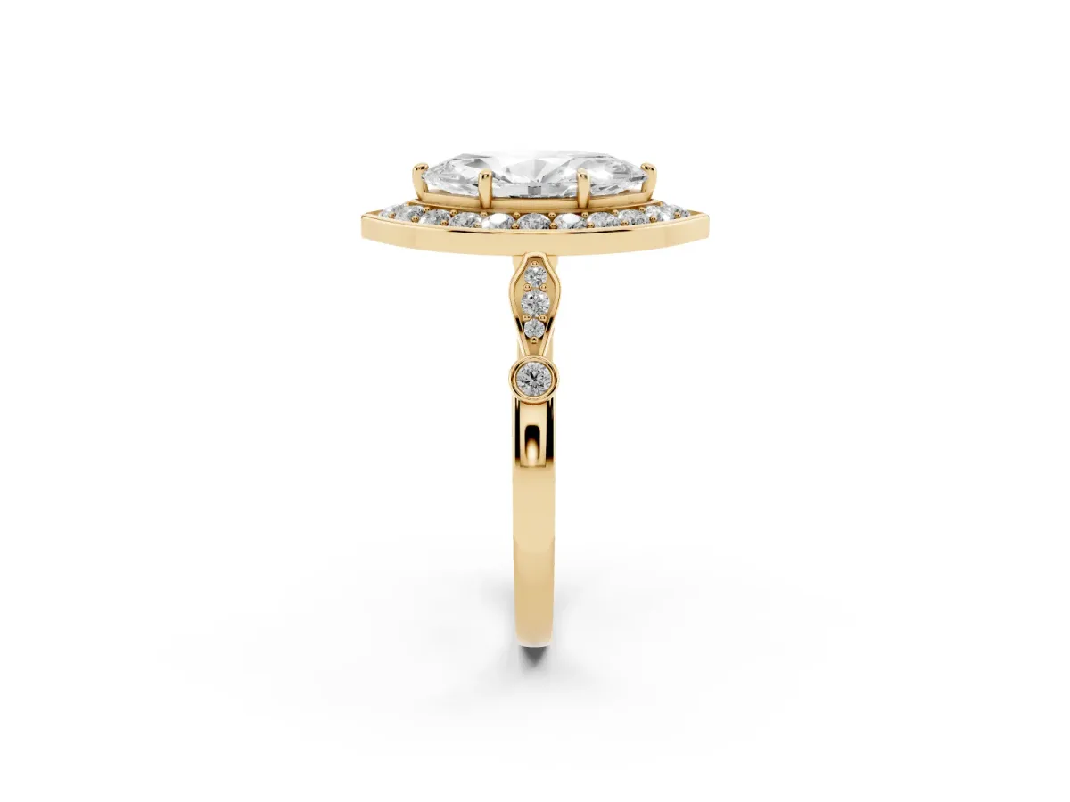 Marquise Cut Halo Diamond Engagement Ring with Twisted Band and Four-Prong Setting Yellow gold