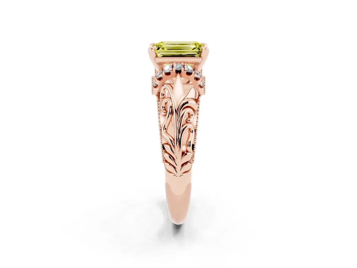 Fancy Yellow Emerald Cut Solitaire Filigree Engagement Ring with Halo and Prong Setting Rose gold