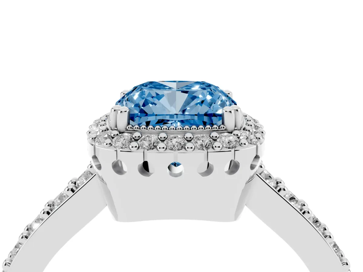 Fancy Blue Cushion Cut Cut Diamond Halo Engagement Ring with Milgrain Detail and Pavé Band Silver