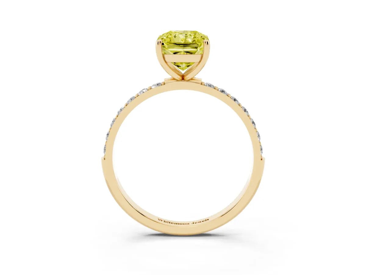 Fancy Yellow Radiant Cut Diamond Solitaire Ring with Round Pavé Shoulders and Prong Setting Yellow gold