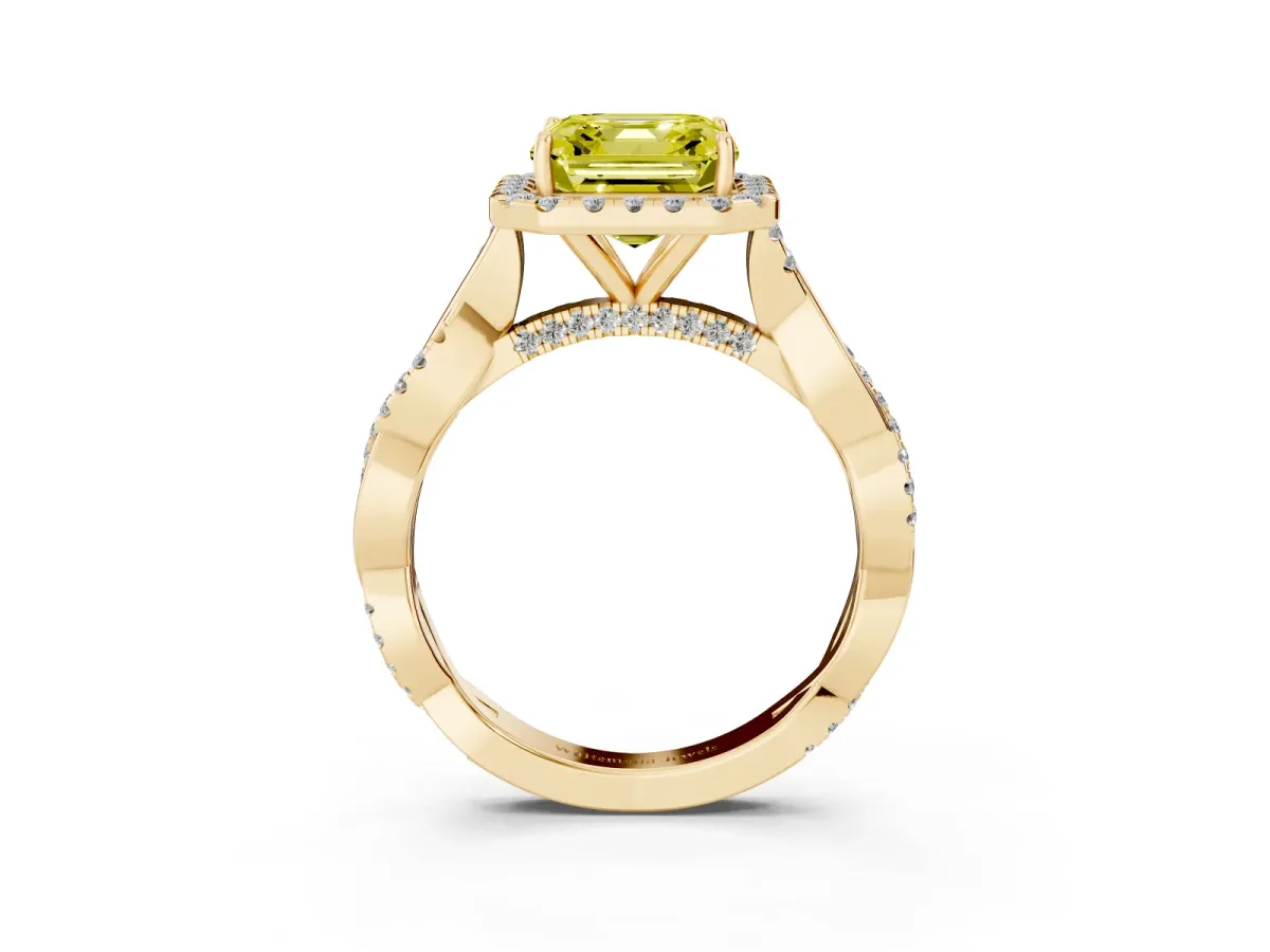 Fancy Yellow Asscher Cut Halo Twist Band Solitaire Ring Yellow gold