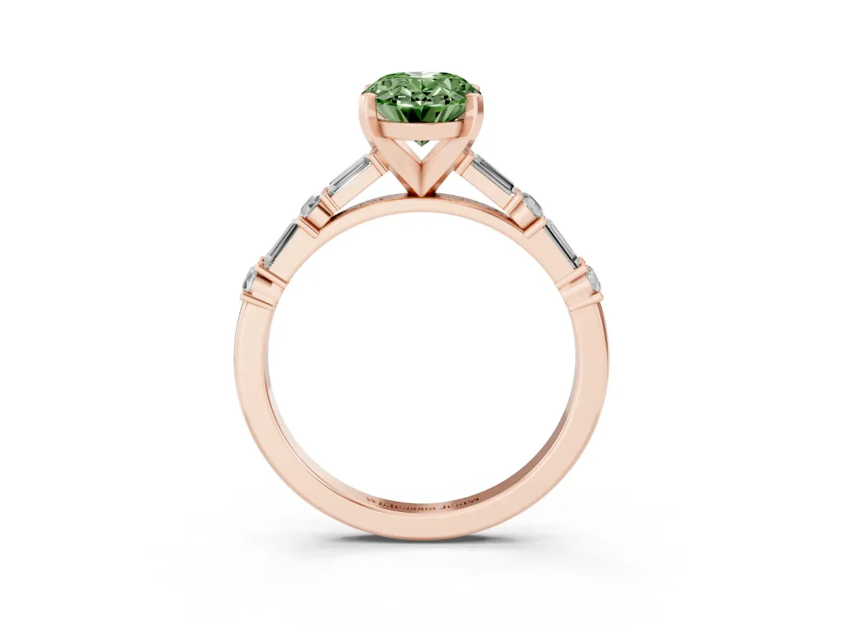 Fancy Green Oval Cut Diamond Solitaire with Side Baguettes and Channel Set Band Rose gold