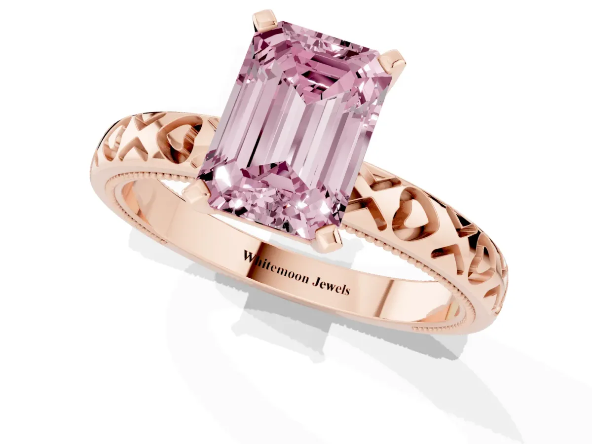 Fancy Pink Emerald Cut Solitaire Diamond Engagement Ring with XO Engraved Band and Four-Prong Setting Rose gold