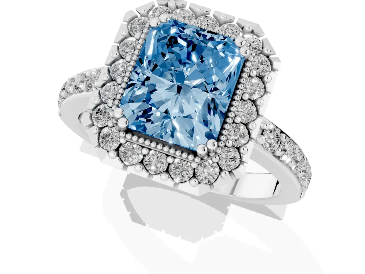 Fancy Blue Radiant Cut Diamond Halo Ring with Pavé Band and Prong Setting Platinum