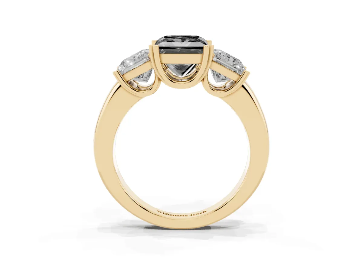 Fancy Black Three-Stone Princess Cut Cut Diamond Ring with Channel Set Band and Four-Prong Setting Yellow gold