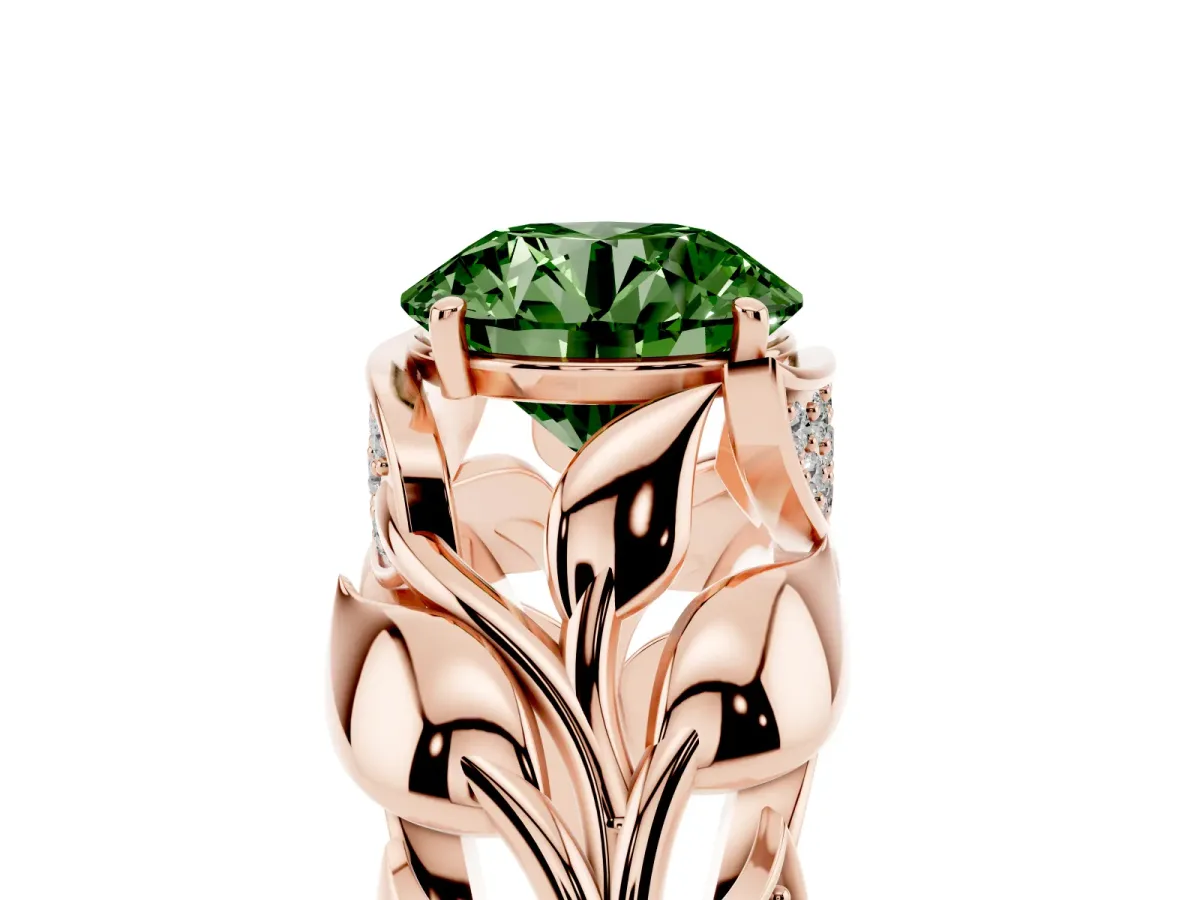 Fancy Green Round Cut Diamond Leaf-Inspired Engagement Ring with Round Accents and Prong Setting Rose gold